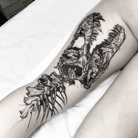 back thigh tattoo dinosaur skeleton Back Thigh Tattoo, Tattoo Dinosaur, Back Of Thigh Tattoo, Tattoo Son, Tattoo Lotus, Feminine Tattoo Sleeves, Dinosaur Tattoos, Dragon Tattoo For Women, Skeleton Tattoos