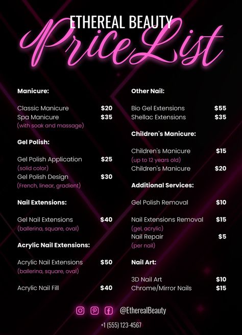 An easy-to-edit price list template for Google Docs. Nails Price List Design, Canva Price List Ideas, Nail Price List Ideas Beginner, Nail Pricing List, Nail Policy Template, Nail Price List Background, Business Price List Design, Price List Design Nails, Nail Prices For Beginners