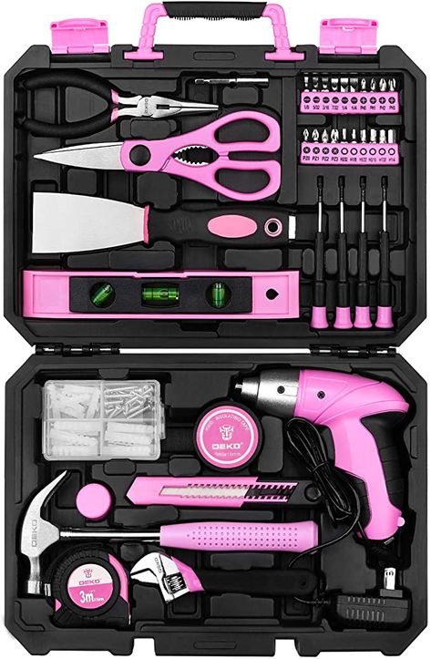 DEKO Pink 98 Piece Tool Set,General Household Hand Tool Kit with Plastic Toolbox Storage Case : Amazon.ca: Tools & Home Improvement Toolbox With Tools, Pink Tool Box, Pink Tool Set, Toolbox Storage, Pink Tools, Hand Tool Set, Hand Tool Kit, College Graduation Gifts, Pink Cases