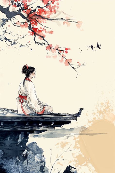 A surreal Chinese ink painting of an ancient beauty on a platform with a simple stage design. Simple Stage Design, Chinese Style Painting, Chinese Art Style, Inspirational Digital Art, Outdoor Stage, Chinese Ink Painting, Chinese Art Painting, Tinta China, Chinese Ink