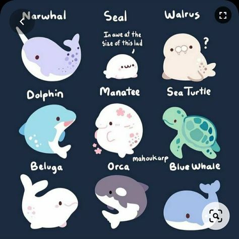 Chibi Ocean Animals, Cute Sea Animals Drawing, Sea Animals Drawing, Cute Sea Animals, Cute Jellyfish, Animals Drawing, Cute Kawaii Animals, Cute Animal Drawings Kawaii, Art Manga