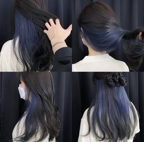 Butterfly Haircut With Peekaboo, Periwinkle Peekaboo Hair, Blue Hair Highlights, Hidden Hair Color, Girl Hair Colors, Korean Hair Color, Hair Color Underneath, Peekaboo Hair, Hair Inspiration Long