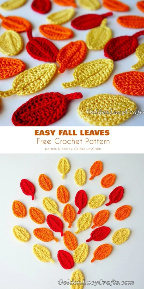 Crochet Mini Fall Leaves, Crochet Leaf Applique Free Pattern, Crochet Fall Applique, Crocheted Leaf Pattern Free, Crochet Autumn Leaves, Crochet Fall Leaves Free Pattern, Easy Fall Crochet Patterns Free, Crochet Fall Flowers, Autumn Crochet Patterns Free