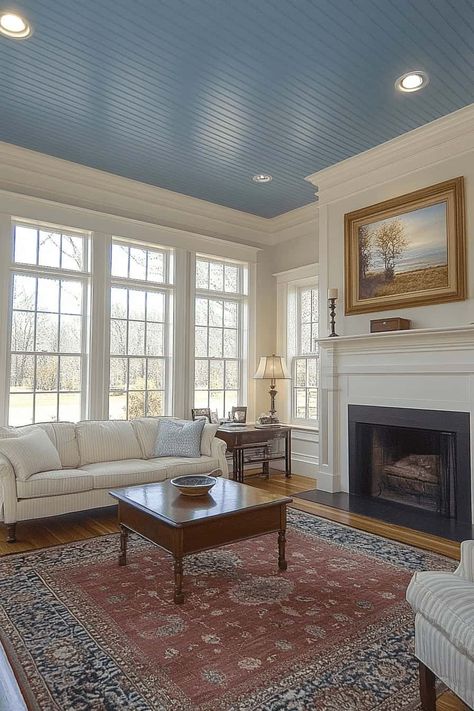 Blue Ceiling Grand Central Ceiling, Blue Ceiling Living Room, Ceiling Colour Combination, Blue Painted Ceiling, Light Blue Ceiling, Accent Ceiling Ideas, Blue Ceiling Paint, Light Blue Tile, French Ceiling