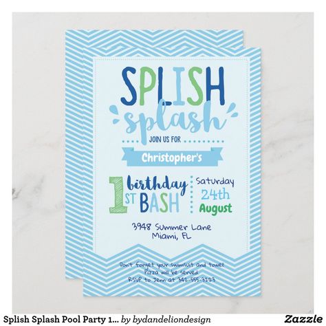 Pool Party 1st Birthday, Water Party Invitations, Pool Birthday Party Ideas, Boy Pool Party, Boys Pool Party Invitations, Splish Splash Party, First Birthday Theme Boy, Pool Birthday Invitations, Water Birthday