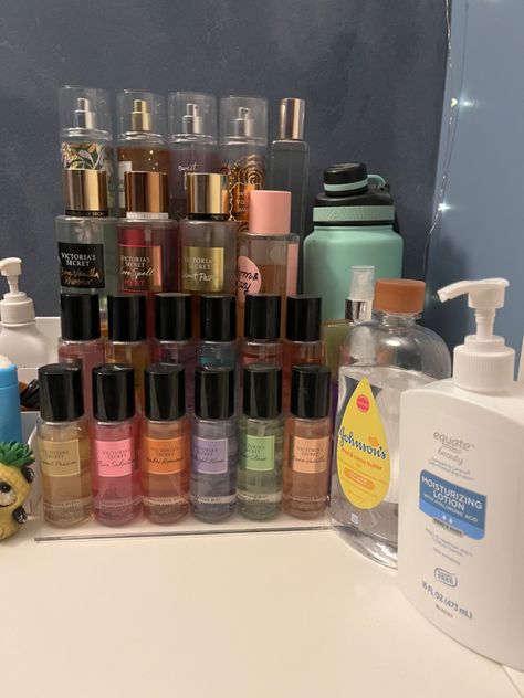 organization Lotion Perfume Organization, Victoria Secret Organization, Lotion And Perfume Organization, Body Mist Organization, Fragrance Organization Ideas, Body Spray Organization, How To Organize Body Sprays And Lotions, Perfume And Body Spray Organization, Organizing Perfumes And Lotions On Dresser