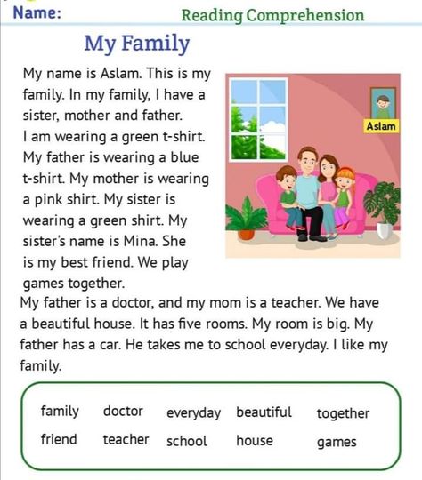 My family . Reading comprehensive . reading practice worksheet for kids Family Reading Comprehension, Reading Practice Worksheets, Writing About Family, English Conversation For Kids, Teaching Child To Read, Teaching English Language Learners, English Stories For Kids, English Teaching Resources, English Activities For Kids