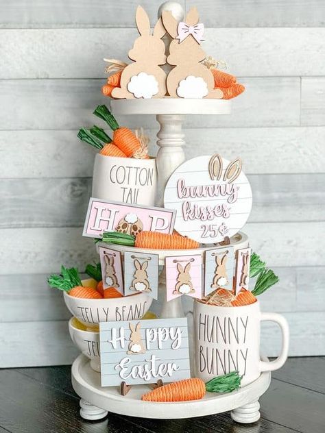 24 Easter Tiered Tray Decor Ideas » Lady Decluttered Tiered Tray Decor Easter, Easter Tray Decor Ideas, Easter Lantern Decor, Easter Bbq, Easter Tray Decor, Easter Basket Decor, Easter Decor Farmhouse, Carrot Decor, Spring Tiered Tray Decor