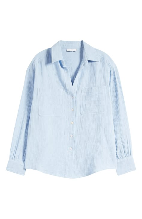 This all-cotton button-up shirt is subtly textured to give off casual vibes. 28" length (size 8) Front button closure Spread collar Long sleeves 100% cotton Machine wash, line dry Imported Light Blue Button Up, Blue Button Down, Blue Button Up, Word Costumes, Button Up Shirt Long Sleeve, Blue Shirt Women, Silly Clothes, Soft Clothing, Light Blue Shirt