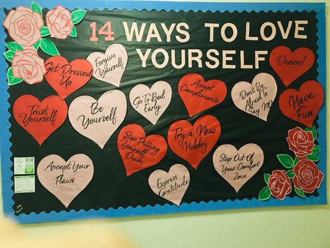 Valentines Bulletin Boards College, February Bulletin Board Ideas High School, 28 Ways To Love Yourself Bulletin Board, February Bulletin Board Ideas College, Valentines Day Bulletin Board Ideas Ra, Ra Valentines Day Bulletin Boards, Valentine’s Day Ra Board, Love Yourself Bulletin Board, Valentines Ra Board