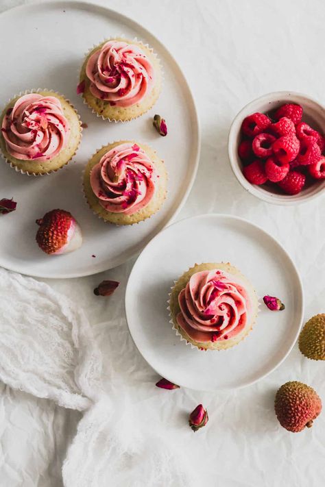 Rose Lychee Raspberry Cupcakes | Sift & Simmer Raspberry Cupcakes, Raspberry Buttercream, Freeze Dried Fruit, Rose Cupcakes, Raspberry Cake, Cupcake Flavors, Swiss Meringue Buttercream, Muffin Tray, Dried Rose Petals