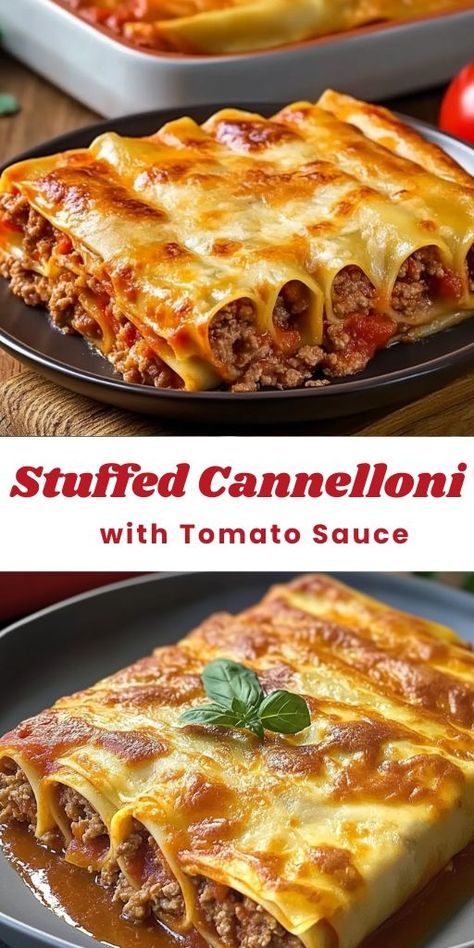 🍝 Enjoy a taste of Italy with this delicious Stuffed Cannelloni with Minced Meat and Tomato Sauce! This classic Italian dish features tender pasta tubes filled with seasoned minced meat, baked to perfection in a rich, flavorful tomato sauce and topped with melted cheese. It’s the ultimate comfort food that’s perfect for family dinners or special occasions #ItalianCooking 🍝 #StuffedCannelloni #ComfortFood Meat Cannoli Recipe, Italian Cannelloni Recipes, Beef Cannelloni Recipes Italian, Meat Filled Cannelloni, Meat Stuffed Cannelloni, Cannoli Pasta Cannelloni Recipes, Cannelloni Recipes Beef, Canaloni Fillings, Meat Cannelloni Recipes