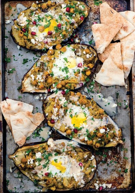 Recipe: Roasted Eggplant with Baked Eggs | vegetarian brunch, breakfast for dinner, brunch recipes, breakfast ideas, vegetarian dinner ideas, weekend breakfast, weaknight meals, chickpea recipes, Matt Basile, Kyla Zanardi, meat-free breakfast, light-carb breakfast recipes, eggplant boats, feta, Brunch Life cookbook Eggplant Breakfast, Eggplant Boats, Vegetarian Brunch, Vegan Eggplant, Roasted Eggplant, Roast Eggplant, So Satisfying, Baked Eggs, Breakfast For Dinner