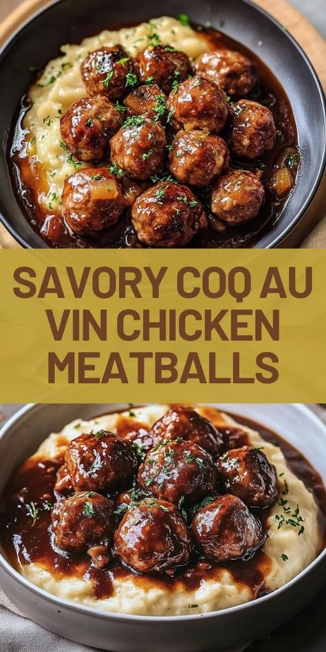 Indulge in these Savory Coq au Vin Chicken Meatballs for a rich and satisfying meal! 🍗🍷 Full of aromatic herbs and delicious flavors, these chicken meatballs are perfect for cozy dinners or special occasions. With all the classic French flavors, this recipe is sure to elevate your dinner menu. #CoqAuVin #ChickenMeatballs #FrenchRecipe #GourmetDinner #ComfortFood #DinnerIdeas Cozy Dinners, Chicken Meatball Recipes, Meatball Recipes Easy, Classic French Dishes, Dairy Free Dinner, Shredded Chicken Recipes, Gourmet Dinner, Sauce For Chicken, Holiday Meals