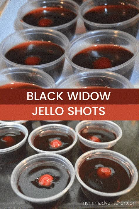 Black Widow Jello Shots - My Mini Adventurer Black Widow Jello Shots, Fall Jello Shots Alcohol, Black Shots Alcohol, Black Cherry Jello Recipes, Halloween Shots Jello, Red Jello Shot Recipe, Jello Shot Recipes Halloween, Fall Shots Alcohol, Fall Jello Shot Recipes