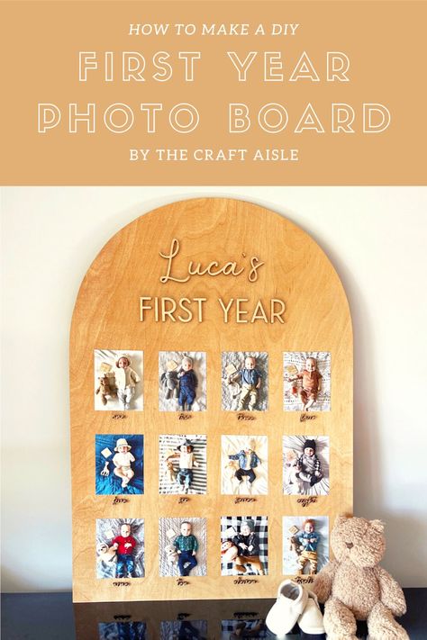 Create a DIY First Year Photo Board for your little one's first birthday party. Display monthly milestone photos of the first year. | CraftCuts.com Birthday Photo Board Display, Diy Photo Board First Birthday, Diy Wooden Photo Board, One Year Photo Board Diy, First Year Monthly Photo Display, First Birthday Milestone Board Diy, Milestone Picture Display, One Year Monthly Picture Display, 1st Birthday Board Ideas