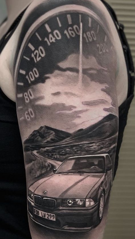 Mechanic Couple Tattoos, Muscle Car Tattoo Ideas, Drifting Car Tattoo, Realistic Car Tattoo, Men’s Car Tattoo, Motorsport Tattoo Ideas, Drift Car Tattoo, Tattoo Ideas For Car Guys, Racing Tattoos For Men Design