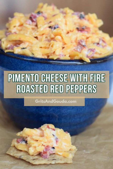 Creamy Pimento Cheese with Fire Roasted Red Peppers is a flavorful twist to this iconic pimento cheese appetizer and sandwich spread. You can also find these mild bell peppers in a jar, close to pimento peppers. Fire Roasted Red Peppers, Creamy Pimento Cheese, Pimento Cheese Appetizer, Roasted Pepper Recipes, Pimento Peppers, Pimento Cheese Recipe, Red Pepper Recipes, Pimento Cheese Recipes, Pimiento Cheese