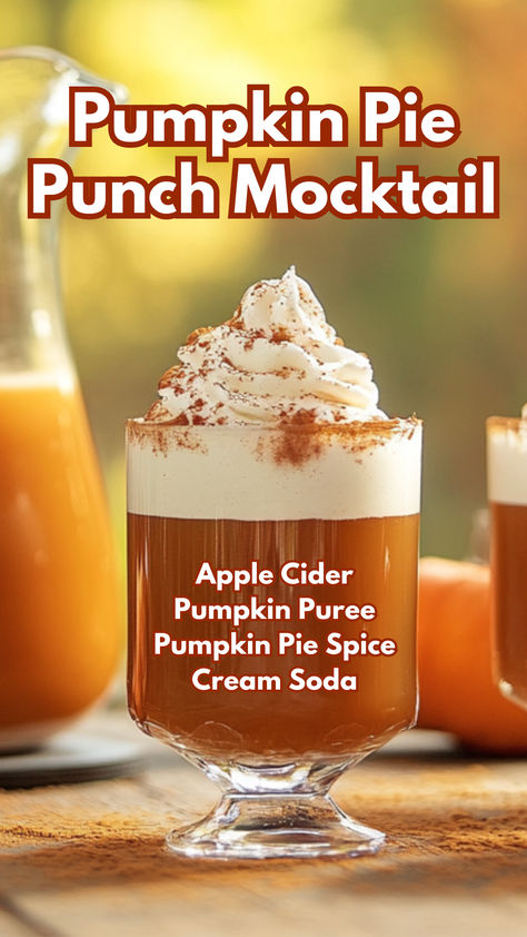 Pumpkin Pie Punch Mocktail Pumpkin Pie Punch Recipe, Pumpkin Pie Cocktail Recipe, Thanksgiving Recipes Drinks Non Alcohol, Fall Drink Garnish, Fall Apple Cider Punch, Non Alcoholic Cider Drinks, Cold Apple Cider Drinks Nonalcoholic, Thanksgiving Drink Ideas Non Alcoholic, Fall Refreshers