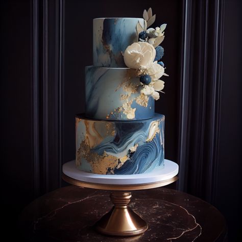 Blue And Gold Fondant Cake, Wedding Cake Ideas Elegant Blue, Dark Blue Cake Design, Navy And Rose Gold Wedding Cake, Blue White And Gold Wedding Cake, Blue And Gold Marble Cake, Wedding Cakes Blue And Gold, Gold And Blue Wedding Cake, Wedding Cake Designs Navy Blue