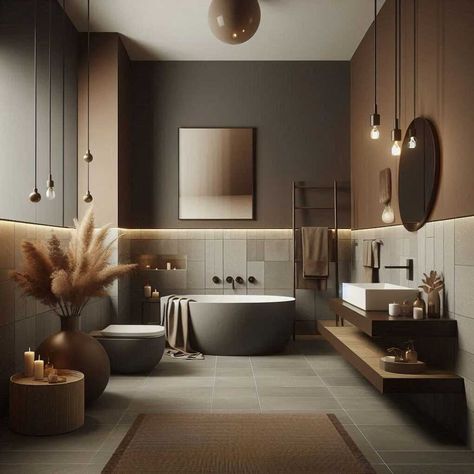 31 Brown Bathroom Ideas: Embrace Earthy Elegance » HomeDecorFull Brown Bathroom Remodel, Moody Masculine Bathroom, Bathroom With Brown Cabinets, Brown And Grey Bathroom, Light Brown Bathroom Ideas, Gray And Beige Bathroom, Mocha Bathroom, Neutral Bathroom Ideas Earth Tones, Beige And Black Bathroom