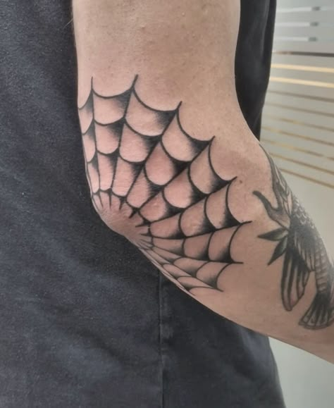 Spiderweb Tattoo Shaded, Spider Web Tattoo Elbow Men, Spider Net Tattoo Elbow, Cobweb Knee Tattoo, Old School Spider Web Tattoo, Elbow Spiderweb Tattoo, Elbow Web Tattoo, Small Filler Tattoo Ideas Men, American Traditional Spider Web