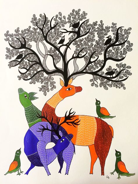 Gond Art Tree Of Life, Gond Art On Wall, Gond Art Easy, Gond Art Pattern, Canvas Abstract Painting Ideas, Gond Art Motifs, Rangoli Cartoon, Gond Painting Folk Art, Abstract Painting Ideas On Canvas