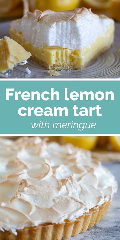 This French Lemon Cream Tart with Meringue starts with a sweet crust filled with a silky lemon cream. Topped off with meringue, this tart can’t be beat! Lemon Cream Tart, Amazing Christmas Desserts, Lemon Tarts, Lemon Tart Recipe, Meringue Pie Recipes, Lemon Dessert, Cream Tart, Dessert Recipies, Lemon Dessert Recipes