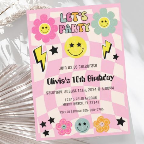 Preppy Pastel Pink Y2K Happy Face Smiley Birthday Preppy Birthday Invitations, Happy Face Birthday, Smiley Birthday, Preppy Birthday, Kids Invitation, Pink Y2k, 10th Birthday, Happy Face, Diy Business