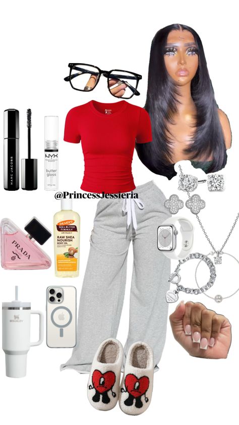 @princessjessieria Chill At Home Outfit Lazy Days, Cute Comfy Outfits When On Period, Lazy Outfits Black Women, Sweatpants Summer Outfit, Chill Aesthetic Outfit, Chill Outfits For School Lazy Days, Pjs Outfits For School Baddie, Baddie Lounge Outfit, Outfit Ideas For School Comfy