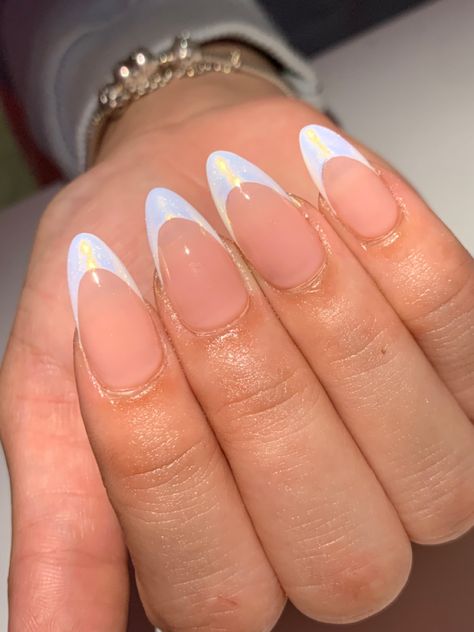 French Tips With White Chrome, Halo French Tip Nails, French White Chrome Nails, White Crome Nails Almond French Tip, Chrome Outline French Tip Nails, Homecoming Nails White, White Holographic French Tip Nails, Chrome Frenchies, Criss Cross French Tip Nails