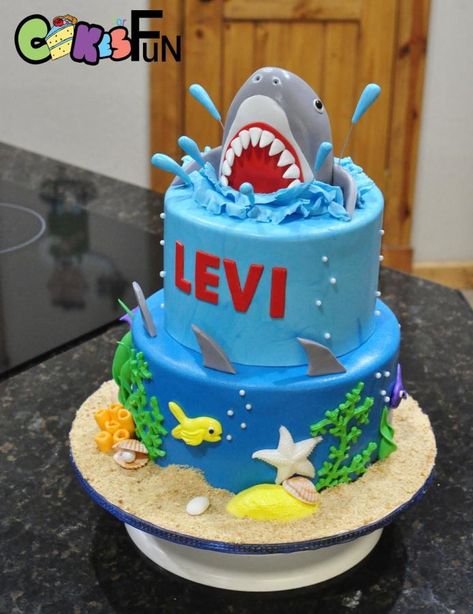 Shark cake - cake by Cakes For Fun Shark Birthday Cakes, Ocean Birthday Party, Ocean Cakes, Shark Themed Birthday Party, Dinosaur Birthday Cakes, Shark Cake, Sea Cakes, Ocean Birthday, Beach Cakes