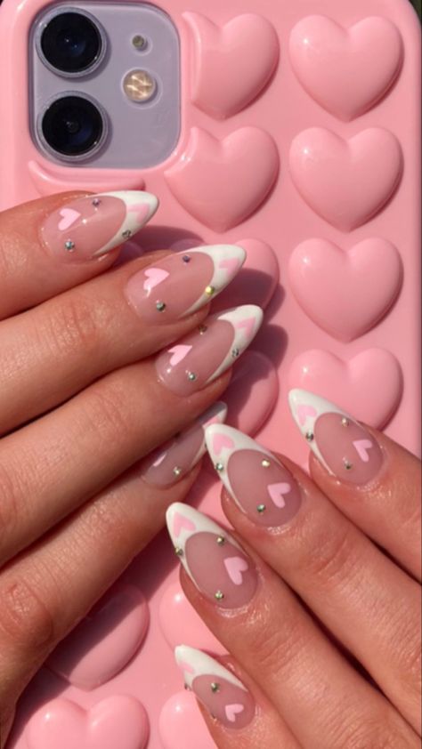 Heart Nails Red, Red Nails French, Nail Pearl, Nails Valentine, Nails Heart, Valentine Nails, French Nail, Acrylic Nails Coffin Pink, Nail Idea