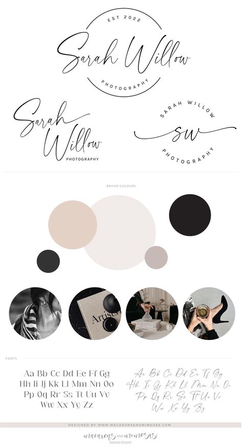 Modern Simple Small Business Logo, Modern Font Logo Design and branding kit for small businesses and shops, clean simple font based logo with circle, by MacaronsandMimosas.com Logo Round Circle, Branding Boards Inspiration, Logos Design Inspiration Creative, Clean Aesthetic Branding, Wedding Logo Design Modern, Business Color Schemes, Minimalist Branding Design Logo, Branding Ideas Inspiration, Brand Kit Ideas