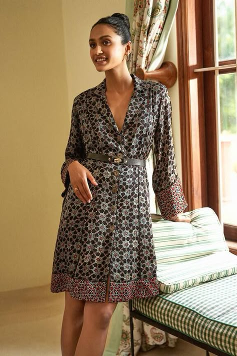 Black shirt dress with all-over floral ajrakh hand block prints. - Aza Fashions Ajrakh Shirt For Women, Ajrakh Print Dresses, Block Print Dress Western, Ajrakh Dress Designs, Block Printed Dress, Ajrak Dress Designs, Ajrakh Kurta Designs, Ajrakh Dresses, Ajrakh Print Kurti