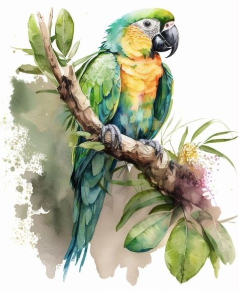 Watercolor Parrot Painting, Watercolor Scenery Painting, Painting Parrot, Parrot Watercolor, Nature Watercolor Art, Parrot Painting, Acrylic Portrait Painting, Watercolor Scenery, Tropical Illustration