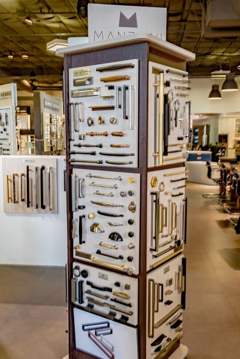 Many style and finish options made just for you. PIRCH showrooms carry a wide variety of cabinet hardware from luxury brands all over the world.  #pirch #cabinet #hardware #accessories #kitchenaccessories #dreamkitchen #showrooms #luxurylifestyle #luxuryhomes #appliances #plumbing #retail #kitchendecor #kitchenremodel #dreamhome #housedesign Office Ideas For Work Business Decor, Interior Shop Display, Shop Counter Design, Modern Apartment Living Room, Showroom Decor, Retail Store Interior Design, Wall Tiles Design, Retail Store Interior, Outdoor Designs