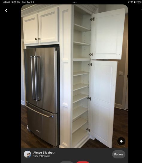 Recessed Refrigerator, Beside Fridge Cabinet, End Cabinet Ideas, Kitchen Cabinet Special Features, Cabinets Around Refrigerator, Kitchen Island Cabinets, Kitchen Cabinets And Countertops, Pantry Wall, Laundry Room Remodel