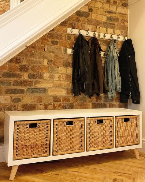 Shoe Storage Kallax, Ikea Kallax Shoe Storage Hack, Kallax Hack Shoe Storage, Kallax Shoes, Kallax Under Stairs, Kallax Shoe Storage Ideas, Ikea Kallax Shoe Storage, Ikea Kallax Entryway, Kallax Shoe Storage