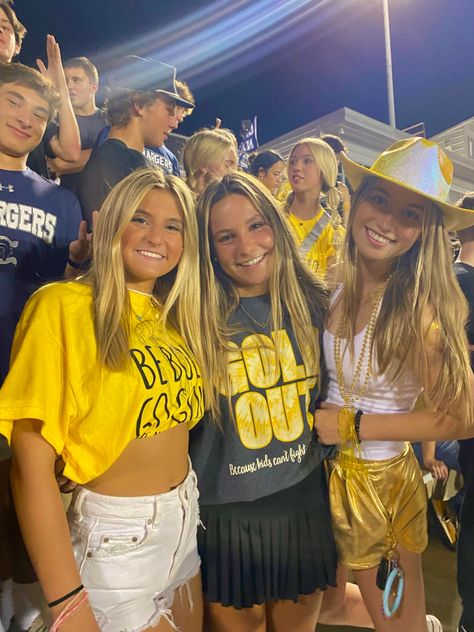 Gold Out Football Game Ideas, Gold Outfit Football Game, Football Game Western Theme, Gold Out Outfits Football, Highschool Game Day Outfit, Blue And Gold Football Game Outfit, Blue And Gold Outfits School Spirit, Gold Spirit Day, Pep Rally Themes High School