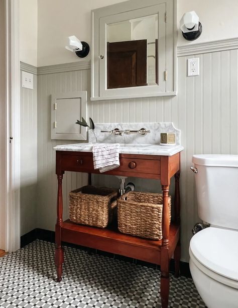 How to Turn Vintage Furniture into a Vanity - Francois et Moi Beadboard Bathroom, Greek Revival Home, Wainscoting Panels, American House, Vanity Countertop, Kids Room Wall Decor, Greek Revival, Kids Room Wall, Vintage Desk