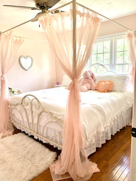 Light Pink Wall Color, Pink Wall Color, Pink Canopy Bed, Bed Against Window, Bed Against Wall, White Iron Beds, Iron Canopy Bed, Light Pink Walls, Wrought Iron Bed