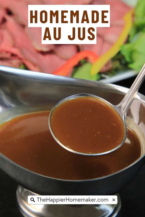 It's easy to make homemade Au Jus with just a few simple ingredients! Whether you are making beef stew or French dip sandwiches, au jus maxes out the flavor. Aus Jus Recipe Simple, Homemade Au Jus, Easy Au Jus Recipe, Roast Beef Au Jus, French Dip Au Jus, Jus Recipe, Beef Au Jus, Au Jus Recipe, French Dip Sandwiches