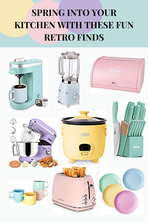 Spruce up your kitchen this Spring with these fun favorites! Retro colors! Functional Spring Decor. Great for first apartments and college dorms. Pastel Kitchen Appliances, Pastel Appliances, Dopamine Kitchen, Cookie Room, Colorful Eclectic Kitchen, Colorful Kitchen Appliances, Pastel Apartment, Pastel Kitchen Decor, Collage Dorm