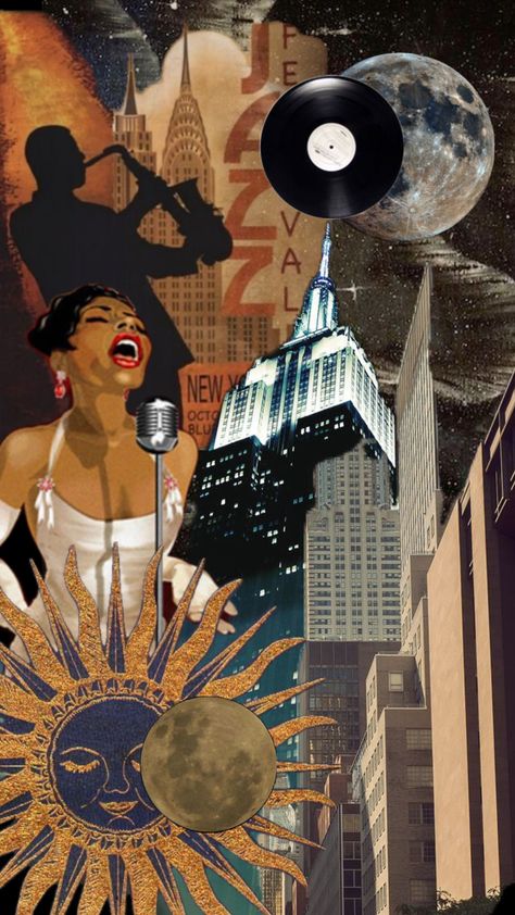 #art #vintage #collage #jazz #fashion #shuffles #city #moon #sun Jazz Fashion, Jazz Aesthetic, Nyc Wallpaper, Moon Sun, Vintage Collage, Aesthetic Collage, Aesthetic Vintage, Art Vintage, Aesthetic Wallpapers