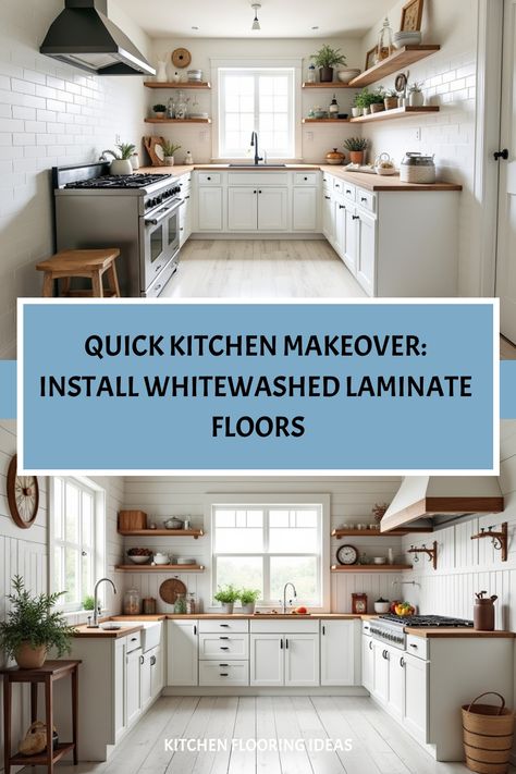 Bright farmhouse kitchen featuring whitewashed laminate flooring and vintage accents Affordable Flooring Ideas, Quick Kitchen Makeover, Airy Farmhouse, Kitchen Flooring Ideas, Affordable Flooring, Beautiful Flooring, Laminate Floors, Timeless Kitchen, White Floor