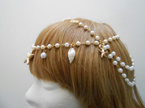 I wish I could reach out and hold you close - Seashells pearl headdress Seashell Headpiece, Mermaid Headdress, Kokomi Cosplay, Starfish Headpiece, Pearl Headdress, Underwater Shoot, Mermaid Headpiece, Mermaid Accessories, Fantasy Outfits