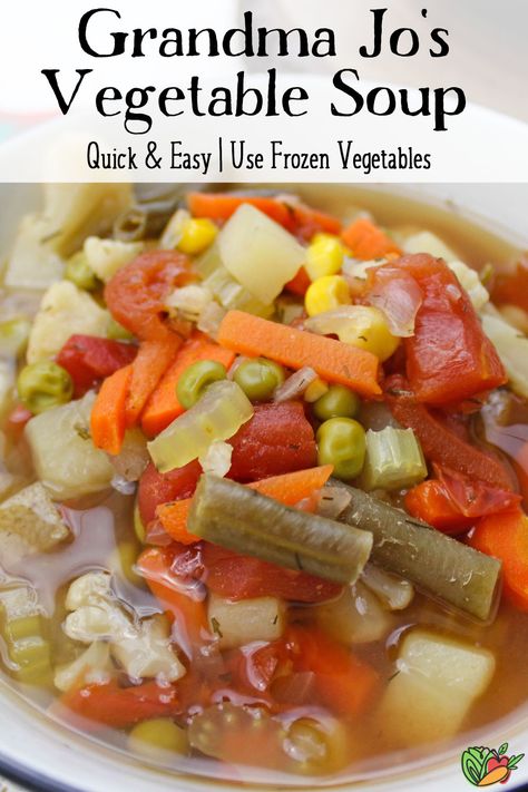 Enjoy a bowl of Grandma's Vegetable Soup with this simple recipe that uses frozen mixed vegetables. There is homemade love in each bite! Homemade Veggie Soup, Vegetable Soup Crock Pot, Mix Vegetable Recipe, Homemade Vegetable Soup, Frozen Mixed Vegetables, Veggie Soup Recipes, Vegetable Noodle Soup, Easy Vegetable Soup, Vegetable Soup Recipe