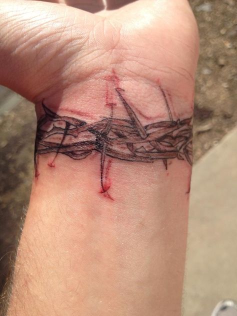 Crown of thorns bracelet Christian Tattoos Men, Religous Tattoo, Unique Christian Tattoos, Arm Tattoos For Guys Forearm, Blood Tattoo, Thorn Tattoo, Biblical Tattoos, Bible Tattoos, Christ Tattoo