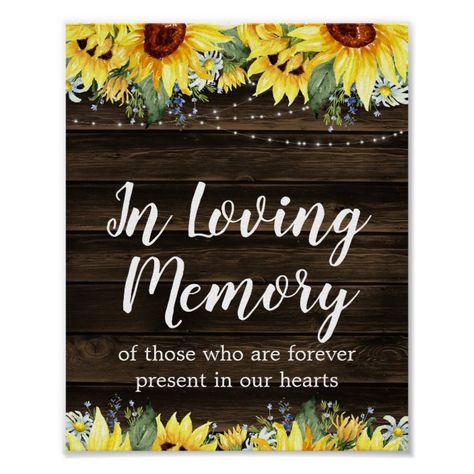 Rustic Sunflower String Lights Wedding Memorial Poster | Zazzle.com Memorial Poster, Wedding Remembrance, Sunflower Wedding Decorations, Rustic Sunflower Wedding, Wedding Hashtag Sign, Wedding Memorial Sign, Sunflower Themed Wedding, String Lights Wedding, Wedding Social